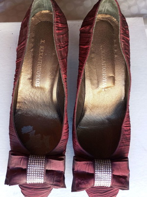 Handmade satin pumps by Kehagiopoulos, deep red, like new