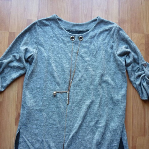Women's blouse M/L gray like new, long back with hanging details