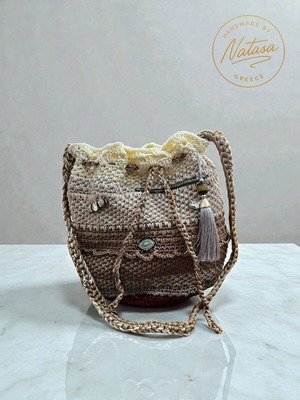 Handmade Peony Shoulder Bag in Beige and Brown Tones, New