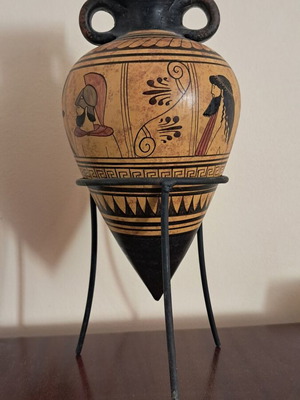 Clay Ancient Greek Amphora Replica with Metal Stand, Height 30 cm