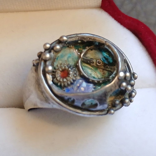 Silver 925 ring with gears and enamel, handmade, like new