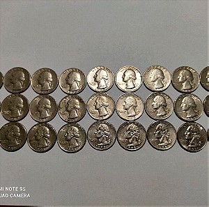 27 τεμάχια, 1/4 (τέταρτο) δολαρίων ΗΠΑ από το έτος 1965 έως το 1998/Συλλογή νομισμάτων.