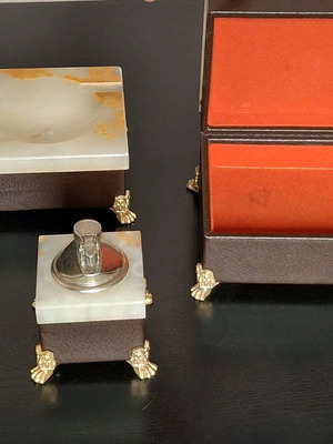 Vintage ashtray set with tobacco box and table lighter used, 60's