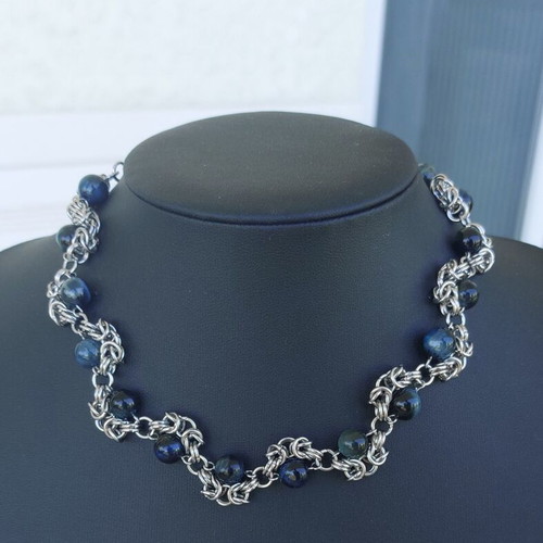 Chainmail Necklace with Blue Tiger's Eye Stones, New