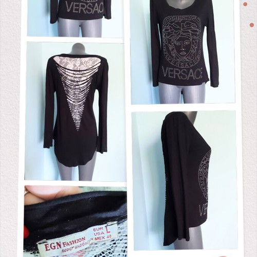 EGN fashion tunic with decorations, black, lace back, long sleeves
