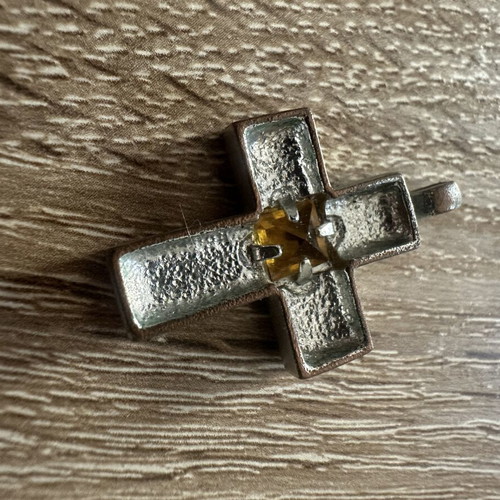 Vintage cross pendant with yellow stone, retro style