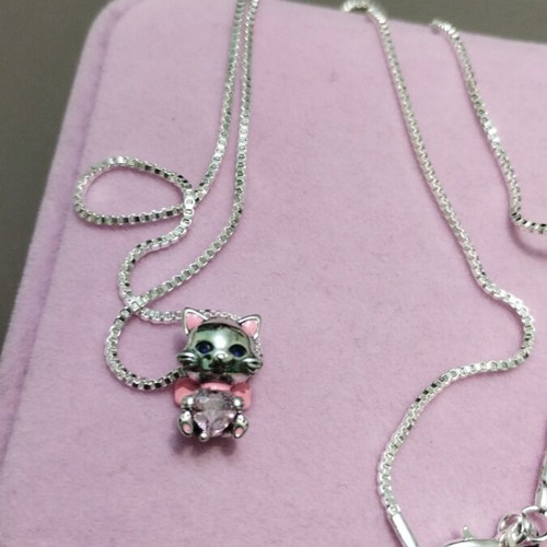 Silver necklace with cat charm and heart new