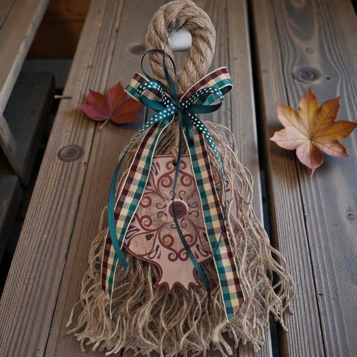 Handmade hanging charm with large wooden pomegranate in beige and burgundy