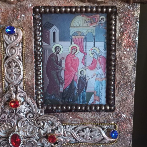 Handmade wooden icon new, earthly life of Theotokos 35×24 cm