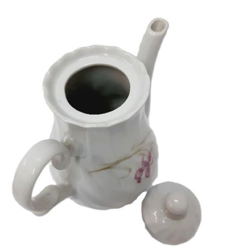 Vintage porcelain coffee pot with lid used, floral pink and gold