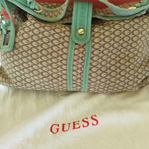 Guess shoulder bag like new, beige canvas and leather, mint green