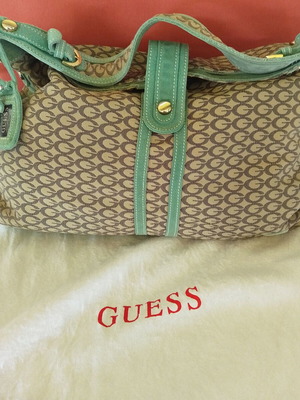 Guess shoulder bag like new, beige canvas and leather, mint green