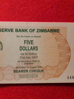 Zimbabwe 5 Dollars 2006 banknote new, uncirculated