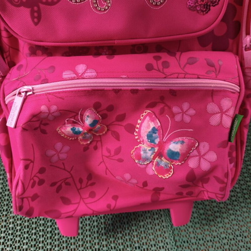 United Colors of Benetton school trolley bag, fuchsia with floral and butterfly design