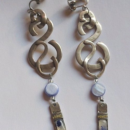 Women's earrings used, handmade metal, blue and silver