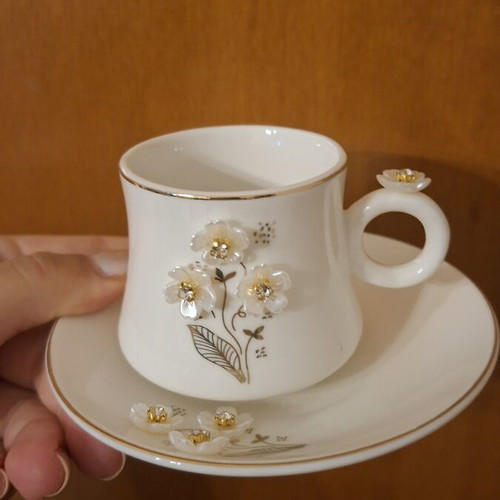 White Porcelain Espresso Cup with Decorative Stones and Saucer, very good condition