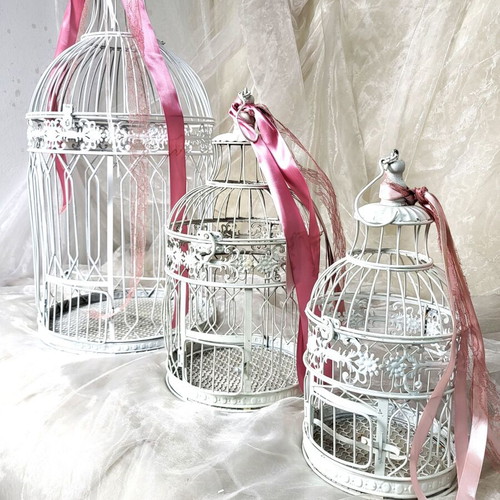 Set of 4 Decorative Birdcages with Metal Stand Like New, Vintage White