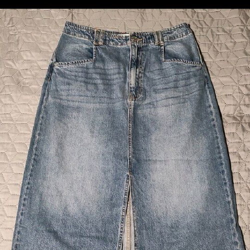 Stradivarius denim skirt like new, size 40 UK12, blue with frayed hem
