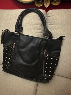 Women's handbag used with rhinestones black faux leather tote