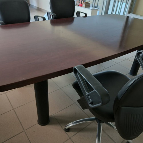 Conference table cherry wood with 6 leather swivel chairs like new