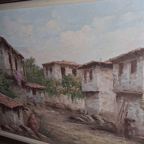 Oil Painting Dimas Traditional Greek Village framed, like new