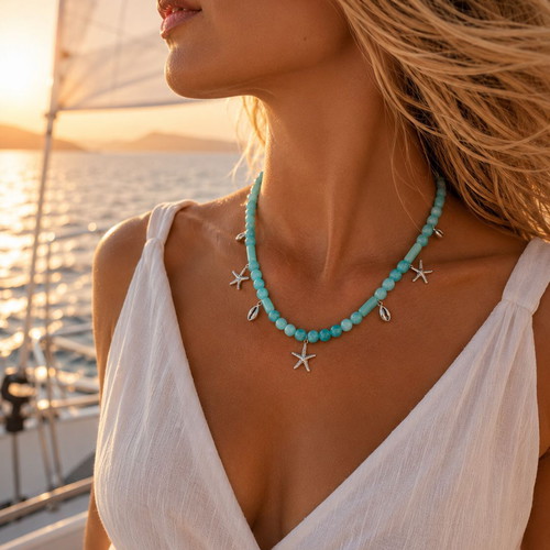 Handmade Long Necklace with Blue-Green Precious Stone JADE and metallic stars and shells