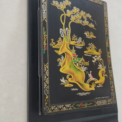 Vintage metal note holder with Chinoiserie design, used