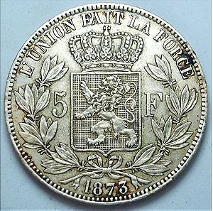 King Leopold II  , Belgium 5 francs, 1873