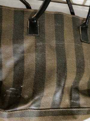 Handbag used with beige-brown stripes, plastic fabric