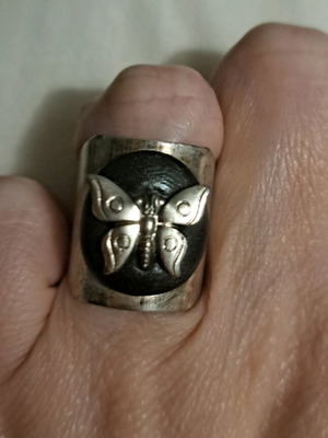 Silver ring with butterfly like new, polymer clay detail