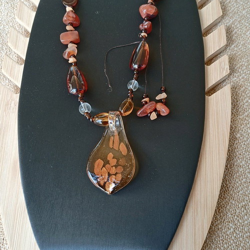 Boho handmade necklace used with glass pendant brown orange