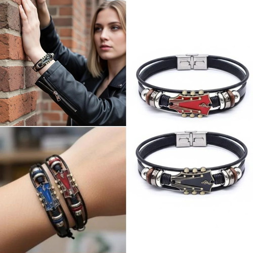 Men's leather bracelet electric guitar with steel clasp new