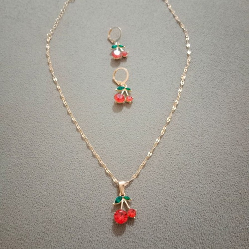 Cherry necklace and earrings set new, red and gold tone