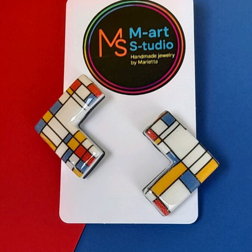 M-art S-tudio handmade earrings new with colorful Mondrian pattern
