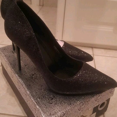 Black high heels with rhinestones and thin heel, new, size 40