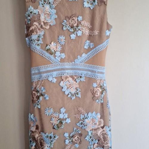 BSB dress used, taupe lace with sky blue embroidery, size S