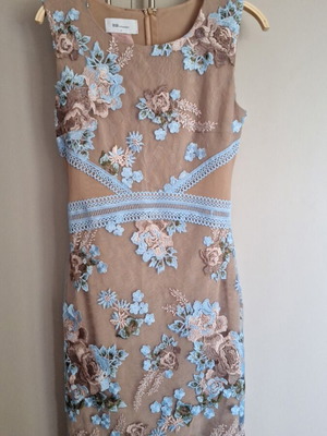 BSB dress used, taupe lace with sky blue embroidery, size S
