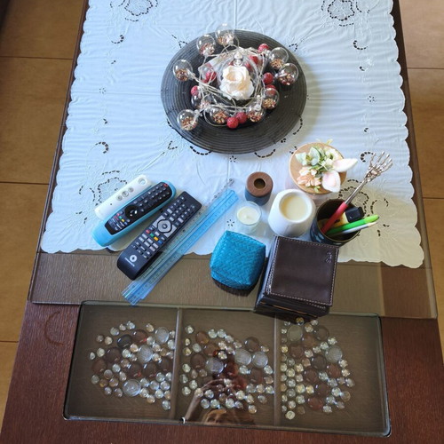 Coffee table used with four drawers and hidden compartment, wood