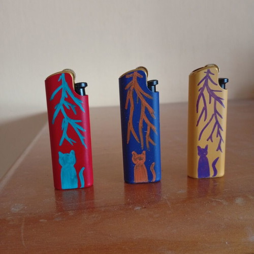 Hand-painted lighters with cat design, set of 3