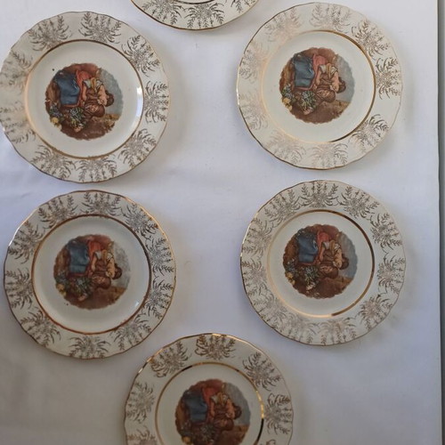 Keramikos set of 6 small plates used, porcelain with romantic design