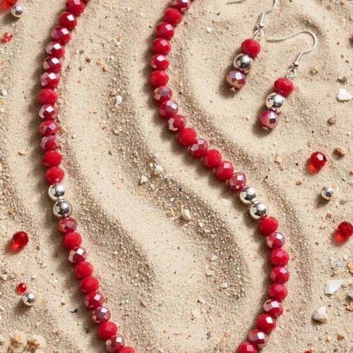 Handmade crystal beaded red color necklace and earrings set