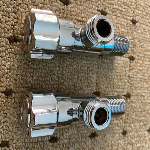Angle valve pair with one outlet, polished chrome steel