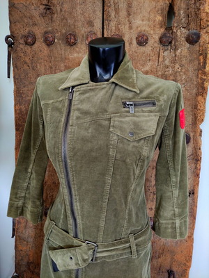 Diesel vintage κοτλέ φόρεμα και τζάκετ στρατιωτικού στιλ σε χακί, μέγεθος S