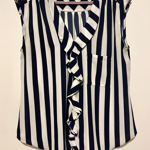 Sweet Miss women's blouse new, white-blue striped with ruffle and pocket