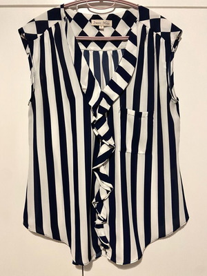 Sweet Miss women's blouse new, white-blue striped with ruffle and pocket