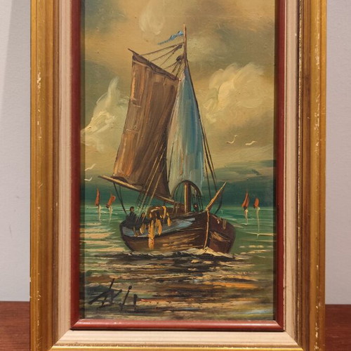 Seascape with Sailing Kaiki Used Oil Painting
