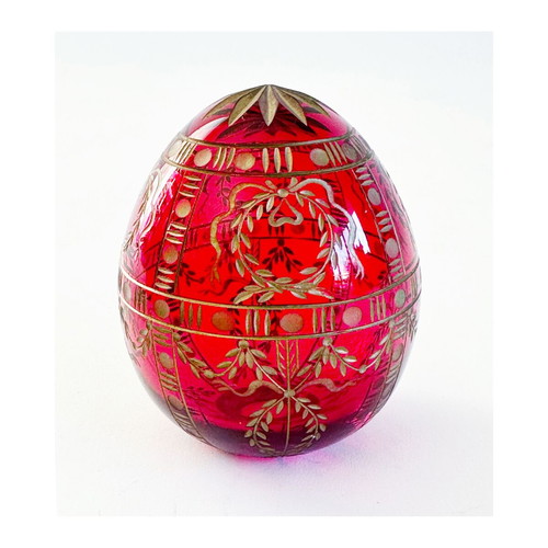 Decorative red glass egg Fabergé style, new, Russia 1990s