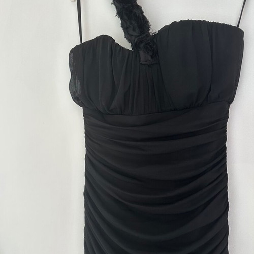 Rare London black evening dress with rose shoulder, size L