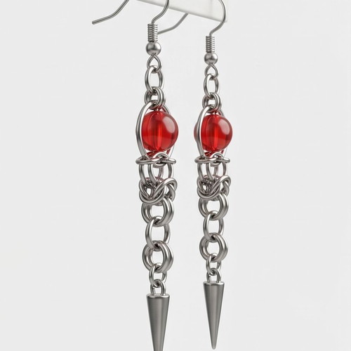Steel chainmail earrings with red stones new