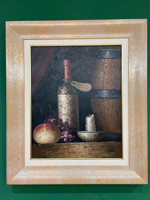 Oil painting used with wine bottle theme in frame